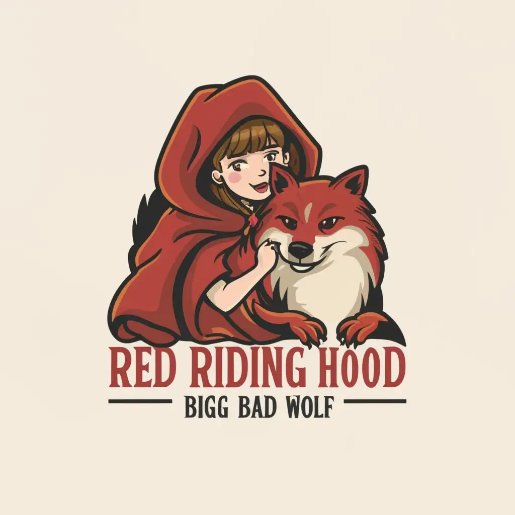 a logo design,with the text "red riding hood", main symbol:cute girl red riding hood and big bad wolf,complex,clear background