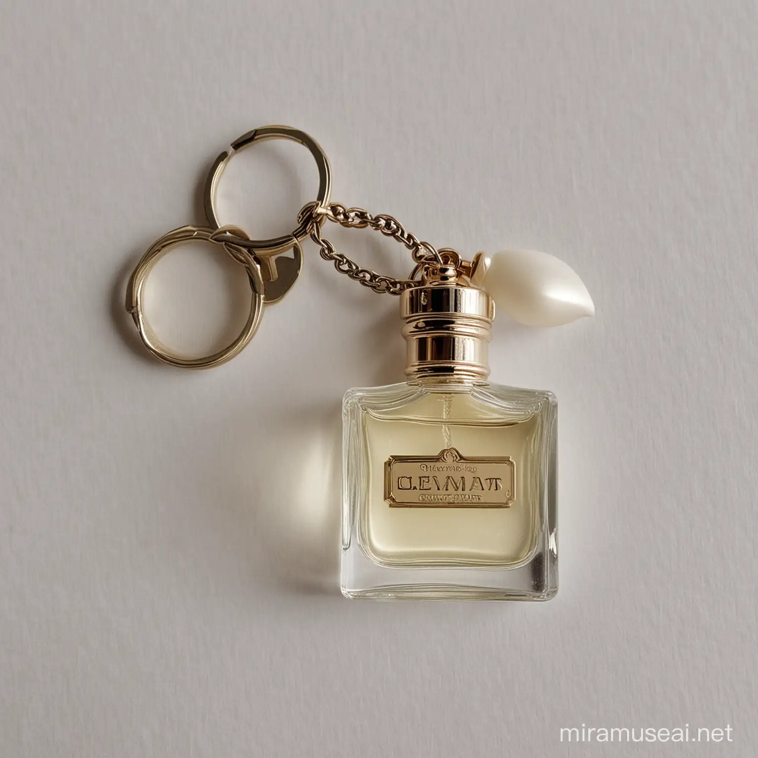 a key chain of a bottle of perfume with the name gleam