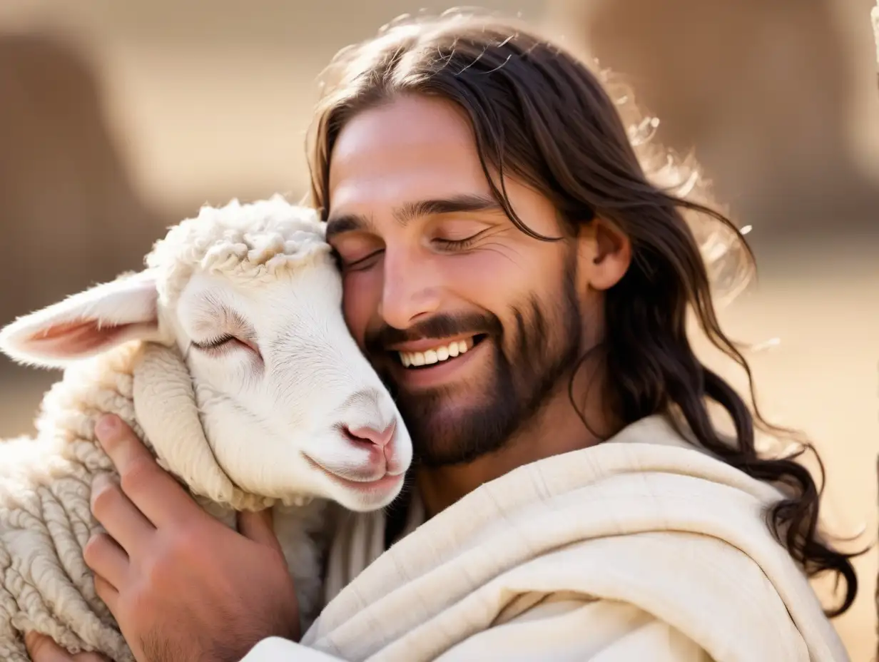 Jesus hugging a lamb with his eyes closed and smiling
