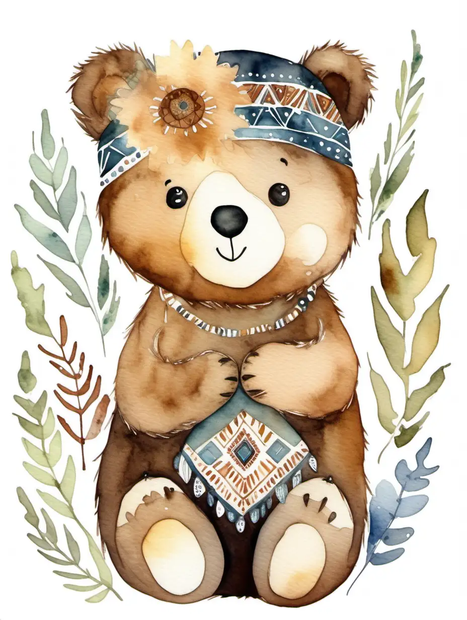 Cute bear, watercolour, boho style