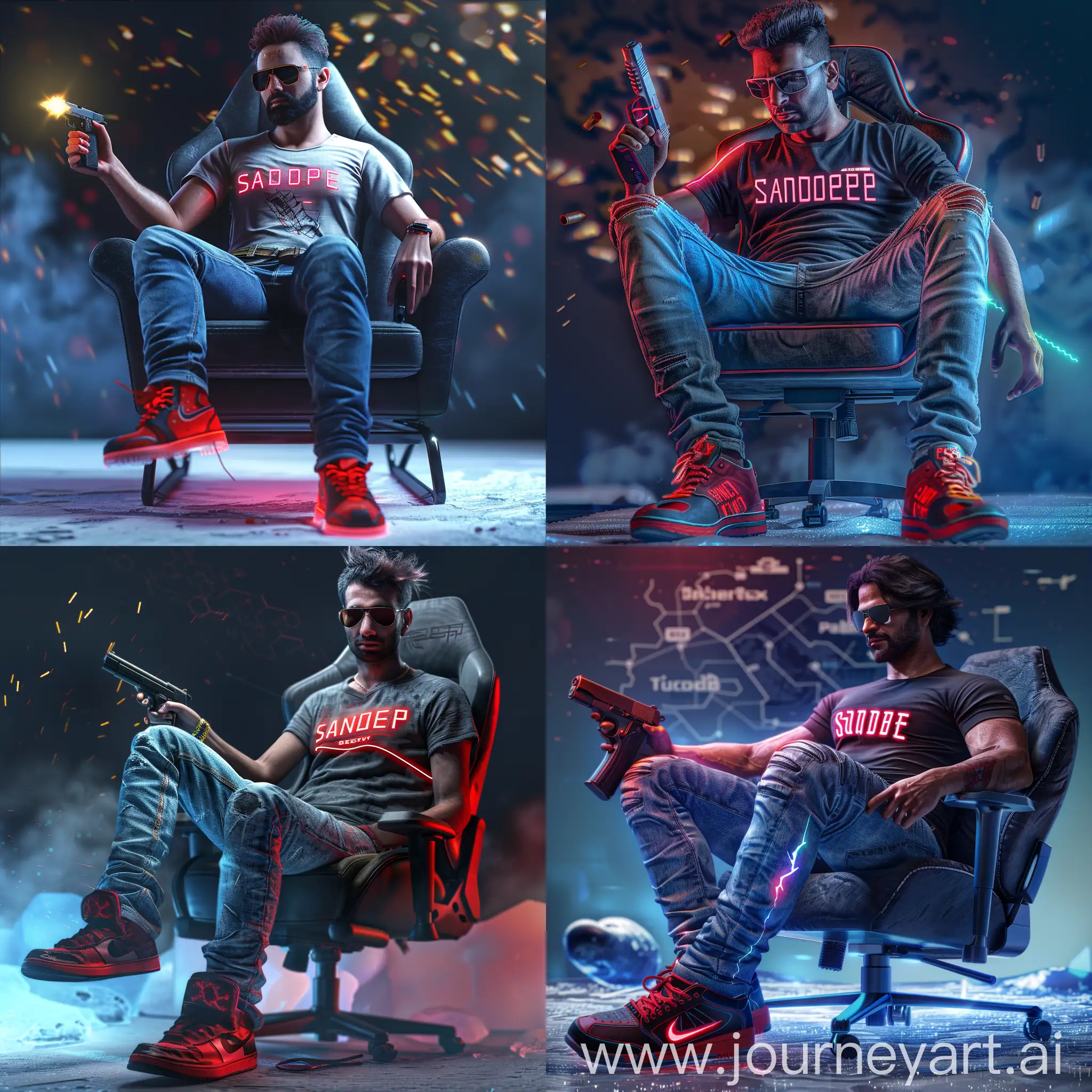 a real handsome man,clean face, wear jeans, t-shirt name "SANDEEP" With neon line and Black and red sneakers with neon light,sun glasess. holding pistol in hand,casually sitting on a gaming chair, Backgroung pubg Map ui, light flairs concept art, smooth, matte, intricate details, masterpiece, sharp focus, octane render, sliding on ice, 8k,highly detailed, Full HD cinematic 225K, 3D, Ultra Realistic, 128K, Digital graphics, photography