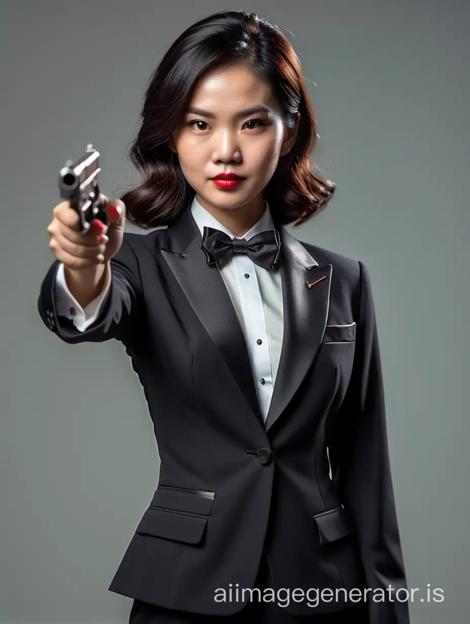 A female Vietnamese spy with shoulder length black hair and lipstick.  She is wearing a formal tuxedo with a black bowtie.  Her jacket is not buttoned.  Her jacket has a corsage.  She is pointing a gun.