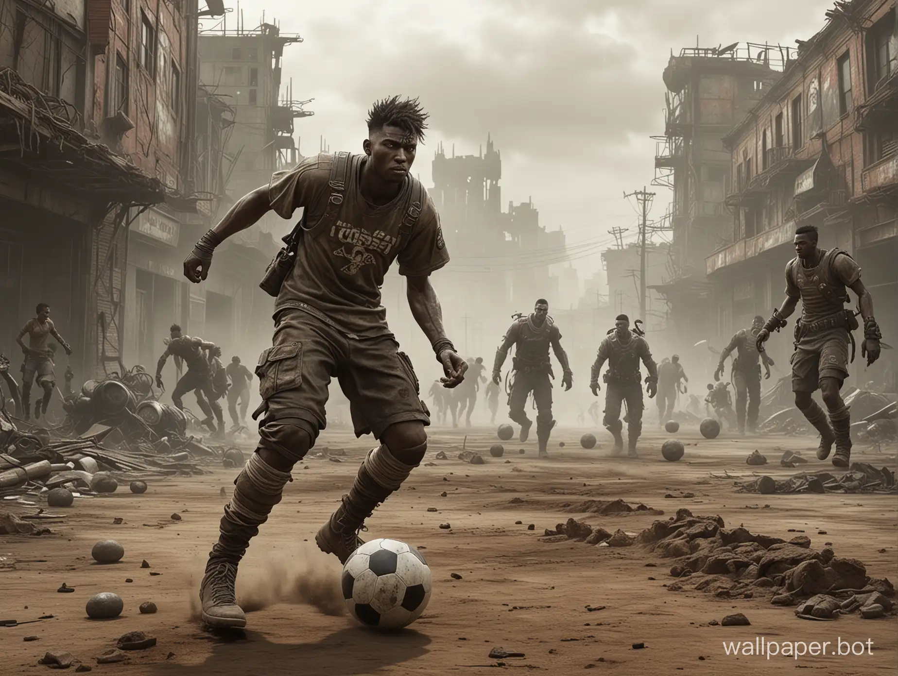 atmosphere fallout 4 football players play soccer in a post-apocalyptic world photo 4 to an incredible masterpiece style Luis Royo