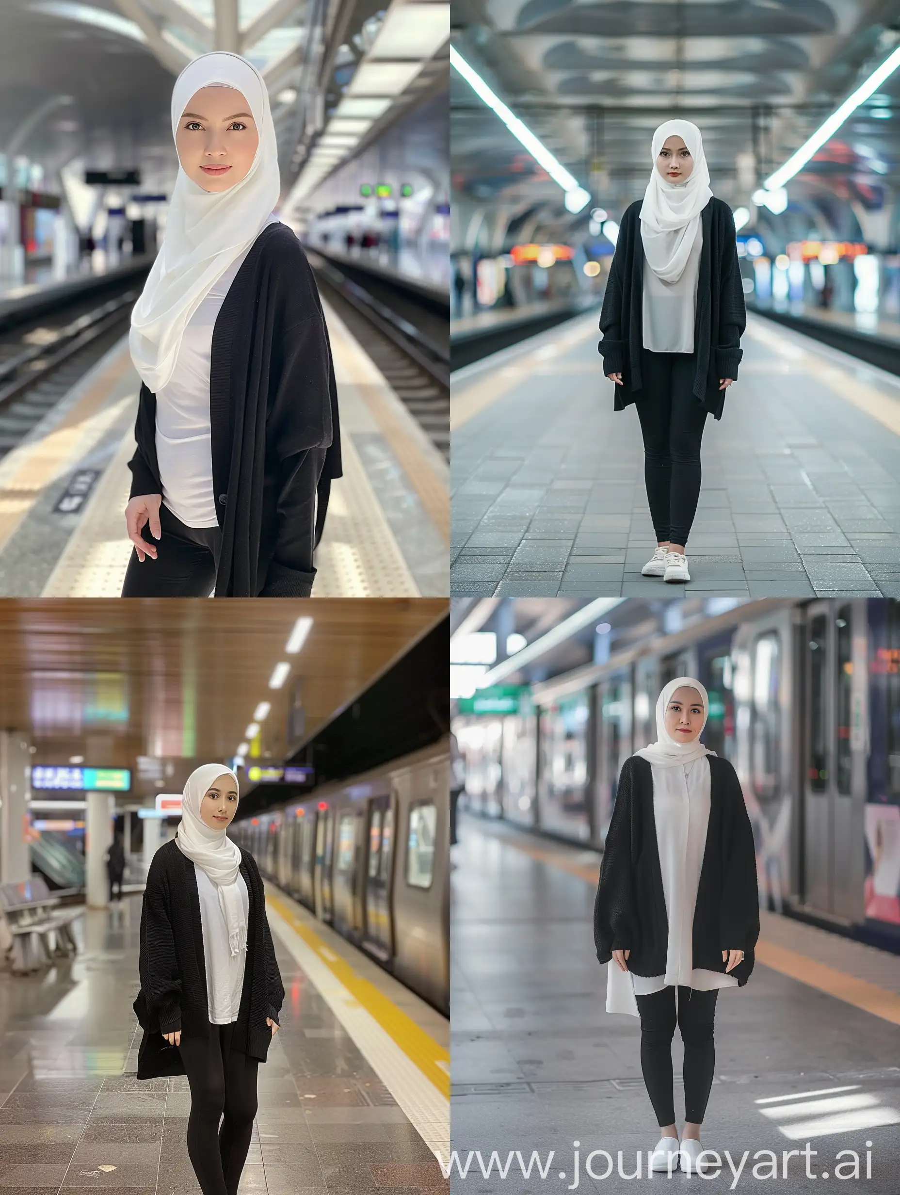 An indonesian woman wearing white hijab, wearing black cardigan, and wearing black legging pants. Standing in a train station