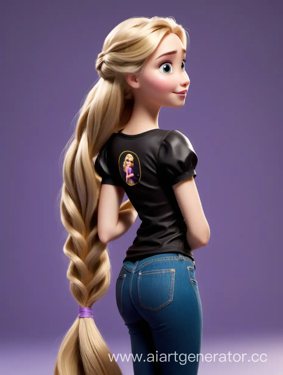 Рапунцель с длинными светлыми волосами но её волосы собраны в чёрную резинку в красивую причёской одета в футболка 