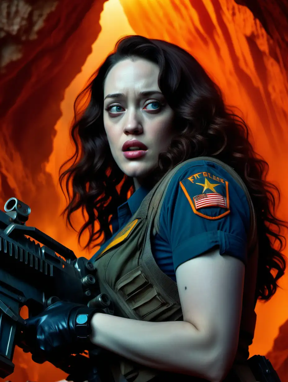 Photorealistic, cinematic portrait of a fearless busty Kat dennings as Ripley carrying a machine gun, looking into the face of adversity,  Ripley is looking ahead at a hidden foe, background is a mysterious orange glowing cave 