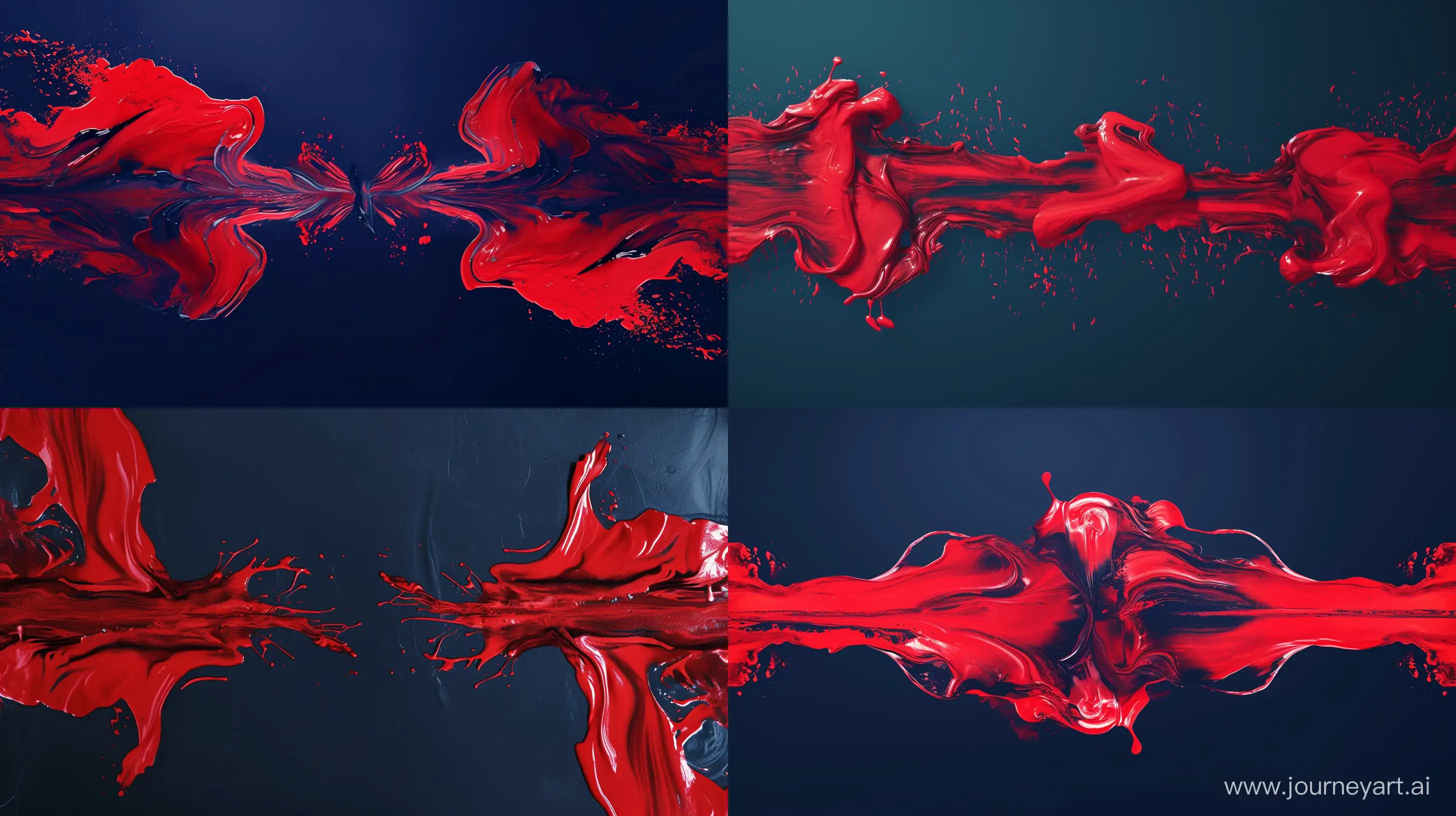 symmetrical flowing pain red paint stream against a dark blue background --ar 16:9