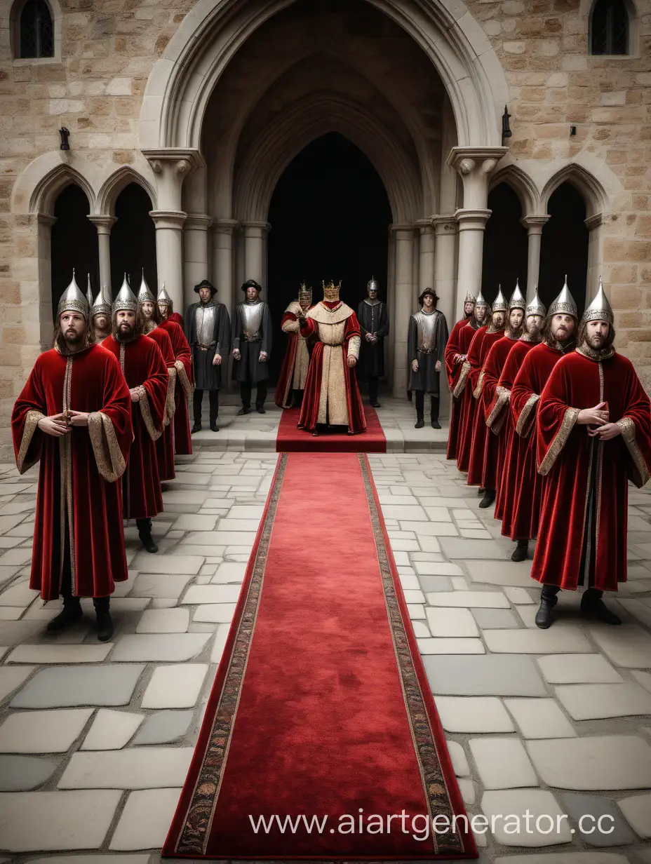 По середине красный ковер, слева и справа от ковра в ряд стоят музыканты приветсвующие короля музыкой и все это в средневековом стиле