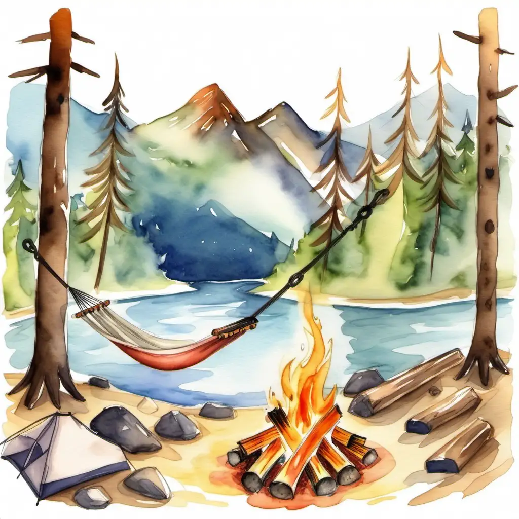 Serene Mountain Retreat with Campfire and Hammock in Watercolor