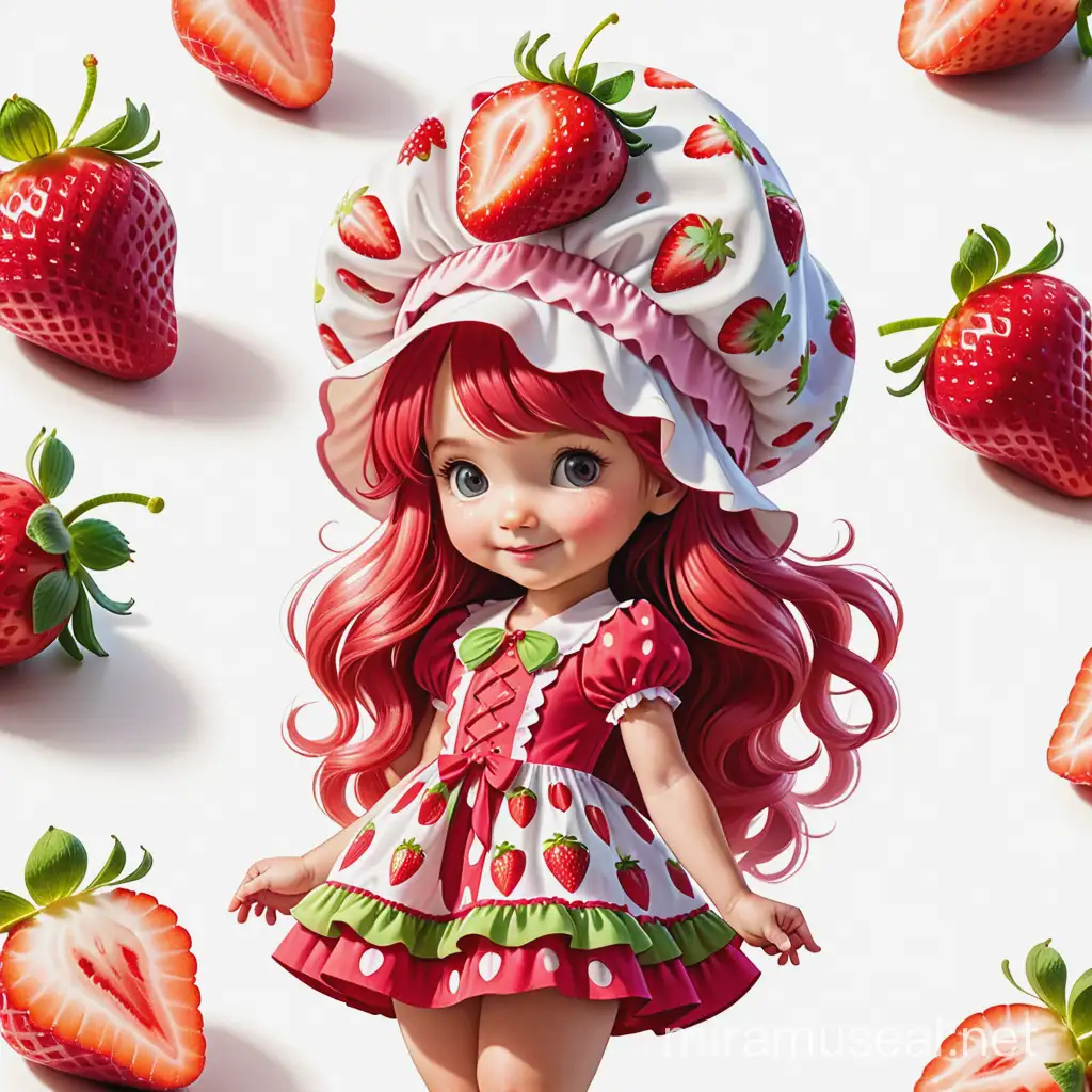 Adorable Cartoon Illustration of Strawberry Shortcake Girl with Long Hair and Bonnet