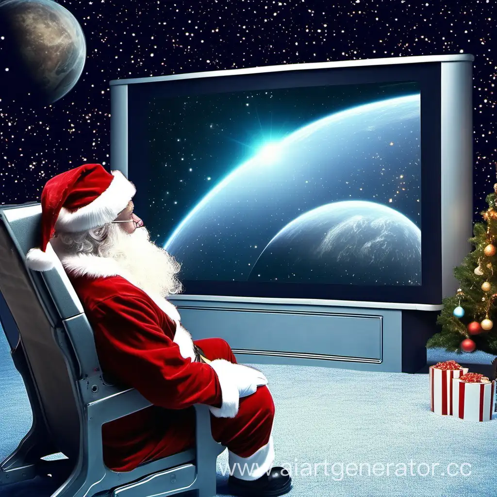 Santa Claus is watching a movie about space on a big screen 