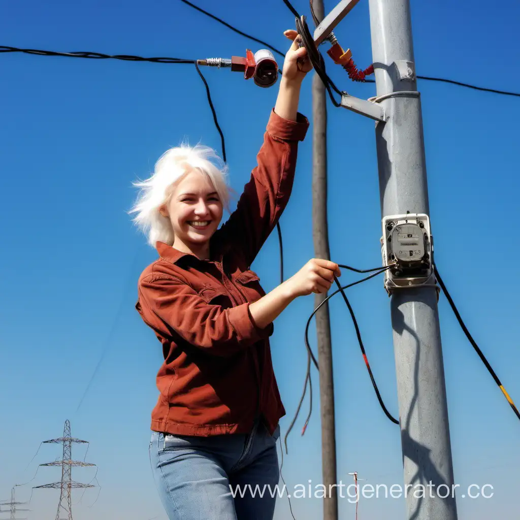 Smiling-Electrician-Girl-with-White-Hair-Fixes-Power-Line-Insulator