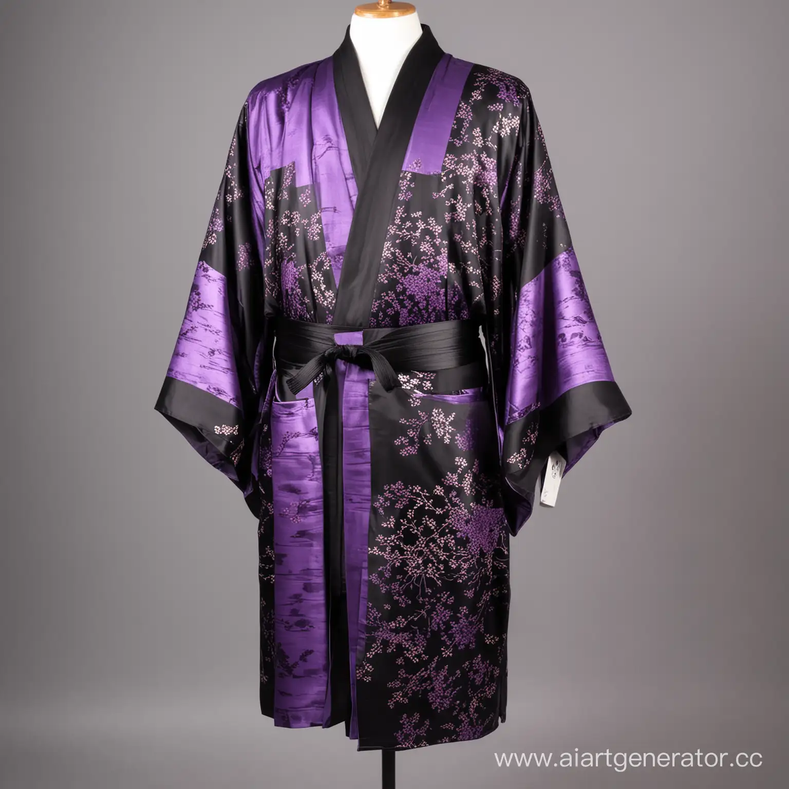 Elegant-Black-and-Purple-Mens-Kimono-Displayed-on-Mannequin