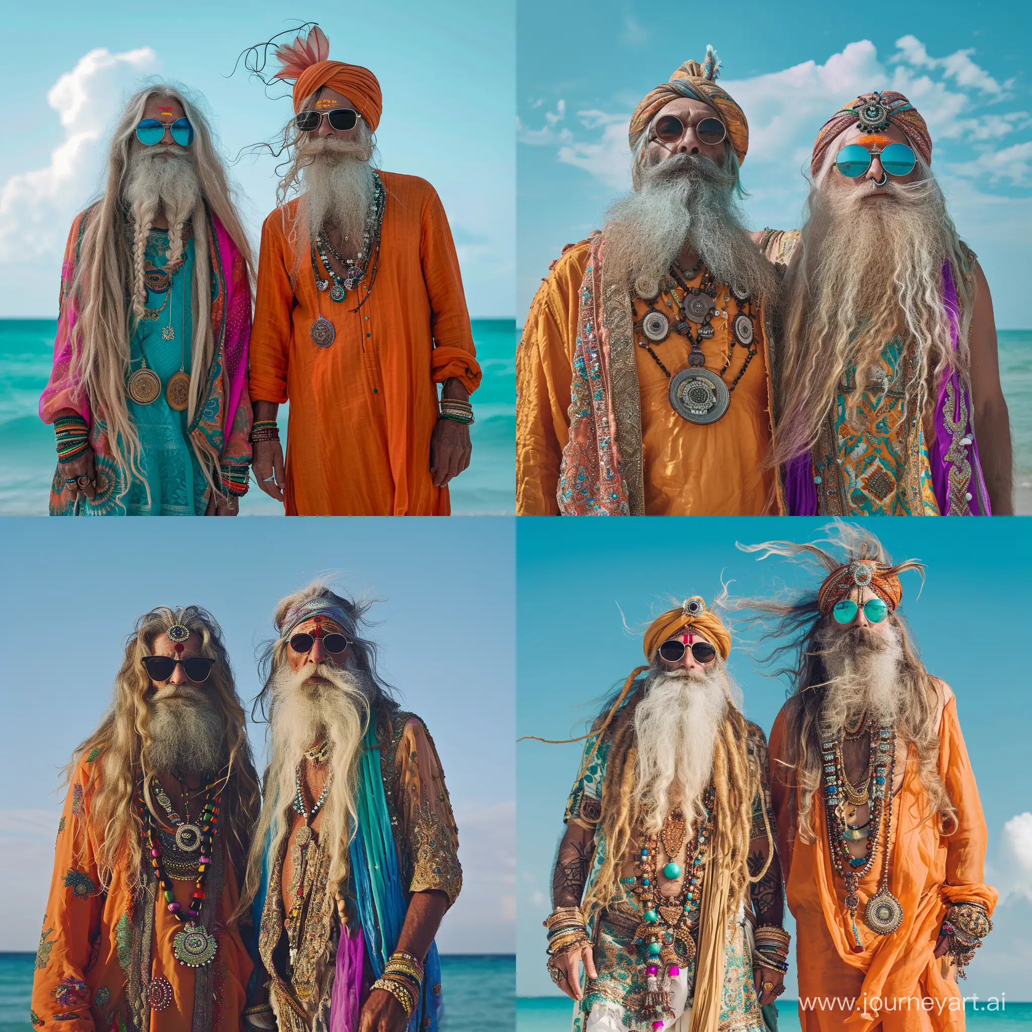   to  80 years old skiny hippies colorfull  wild long hair and long beard old fashion sunglasses  in india dress  standing at the beach  sky  bleu  fotorealistisch 50mm fuji xt2 