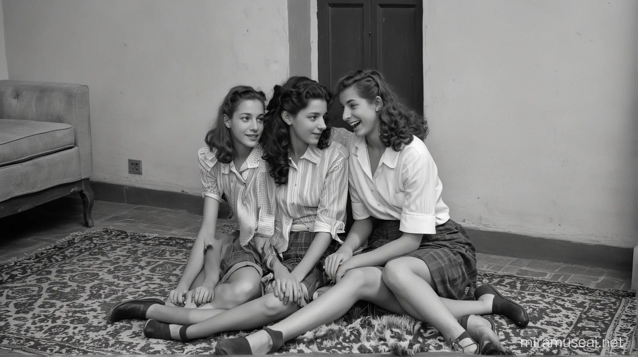 Italian Twin Sisters Chatting on Rug in 1945 Florence Apartment