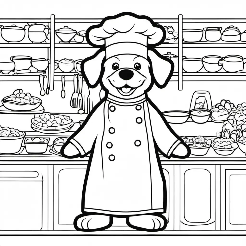 coloring book for kids, simple, adult coloring book, no detail, outline no color,   dog professional chef,  fill frame, edge to edge, clipart white background --ar 17:22