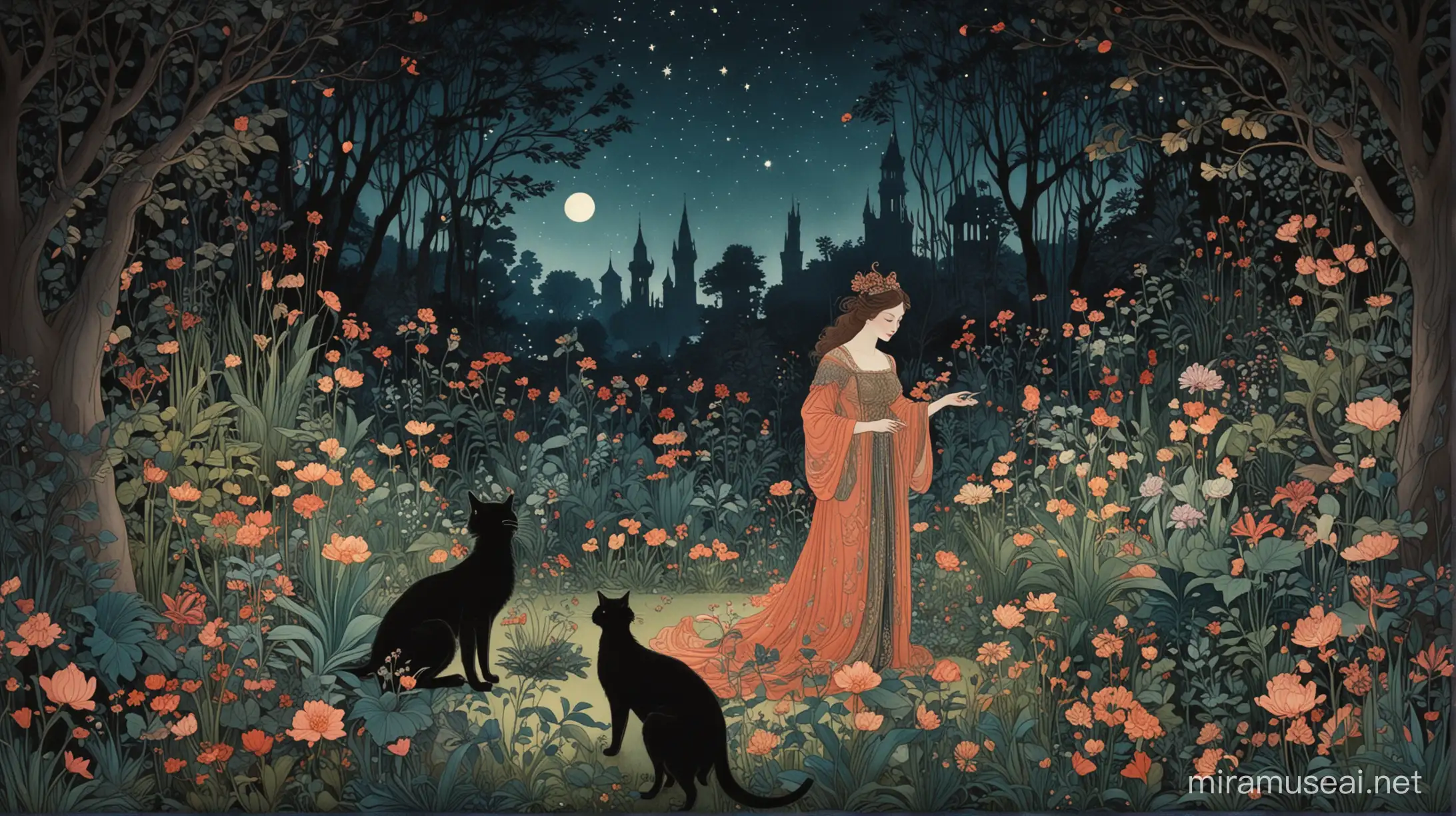 Fantastical Nighttime Garden with Troubadour Lady and Black Cat