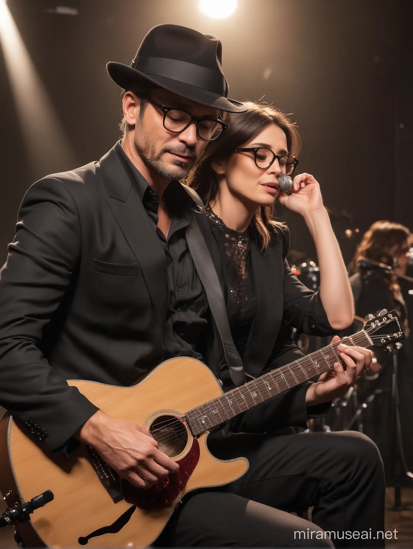 Close up man 46 years old handsome shitting on the chair, glasses, wearing fedora hat, sing with guitar on the stage,so sad, full body detiles, guest look, good anatomy, proportional body, duet with the most beautiful woman cute with big breast  vocalist beside him.