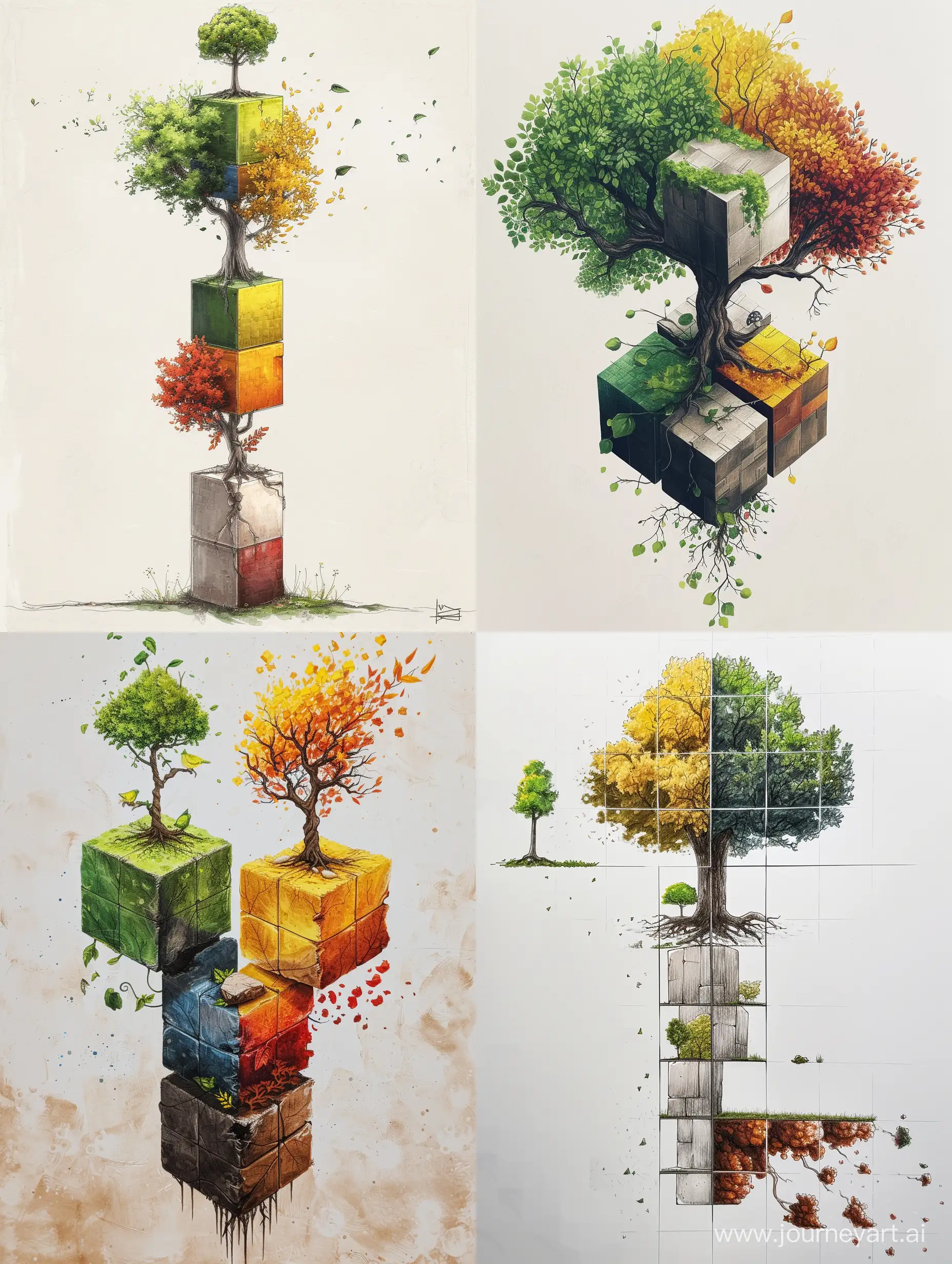 нарисуй дерево из 6 кубов, где на 1 стороне маленькое дерево, на 2  зеленое дерево ,на 3 желто-красное дерево ,на 4 дерево увядает от старости. 