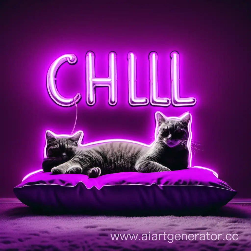 фиолетовая неоновая надпись chill  mood на фоне подушек в виде котов