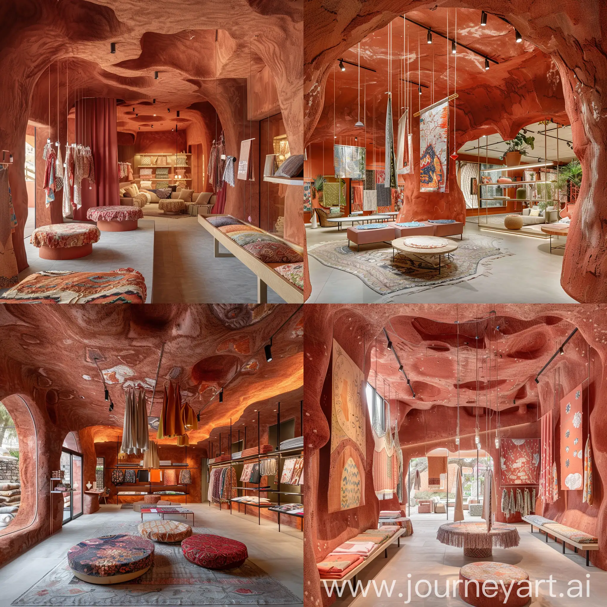 Fabric showroom with a modern cave concept with red terracota color scheme, clay plaster ceiling, that has hanging fabric display, fabric table display and a seating area in the space.