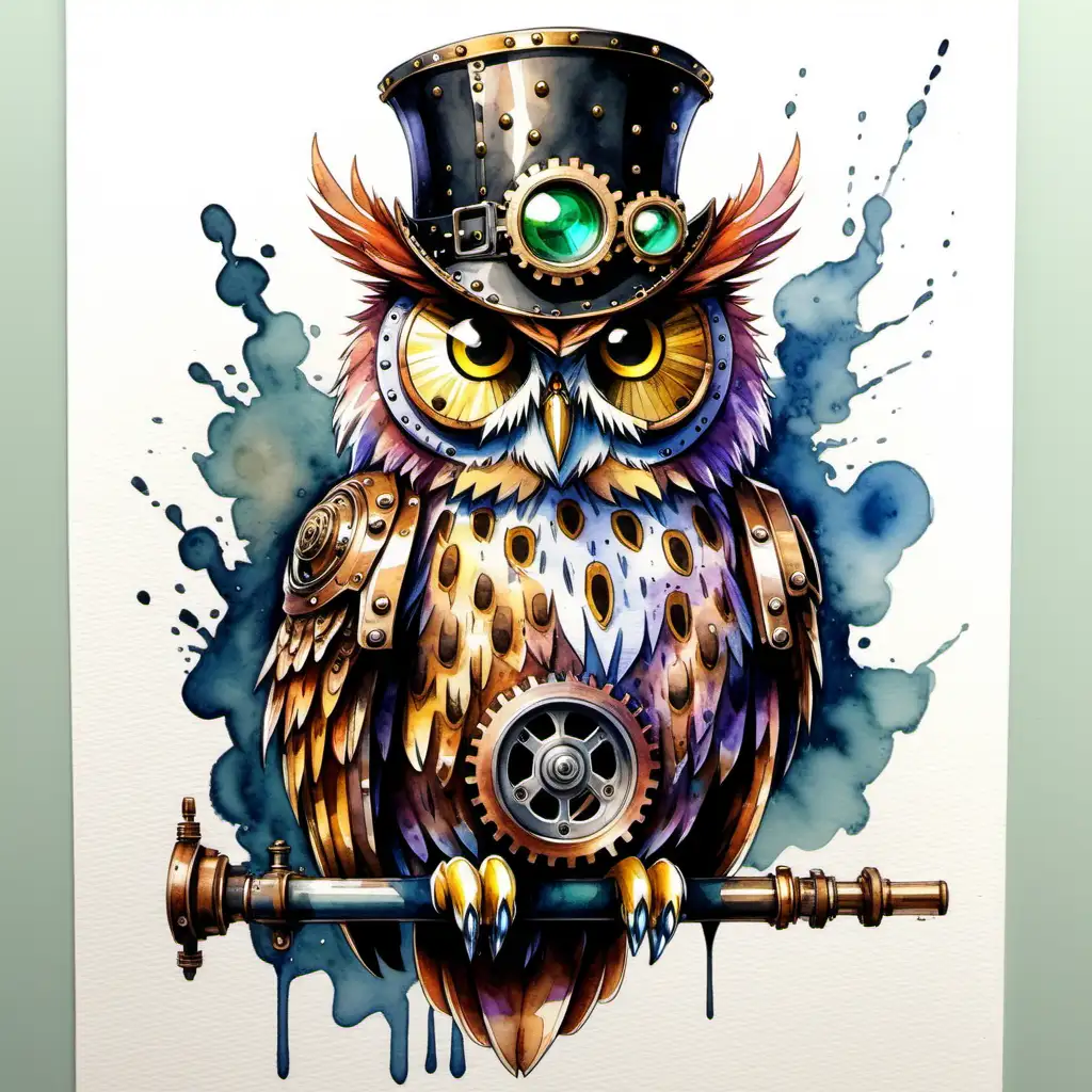 Majestic Watercolor Steampunk Owl Art Vintage Avian Character in Fluid Colors