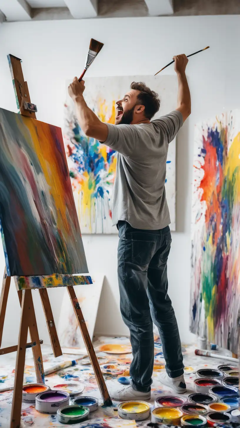 Excited Artist Painting on Canvas in Vibrant Art Studio