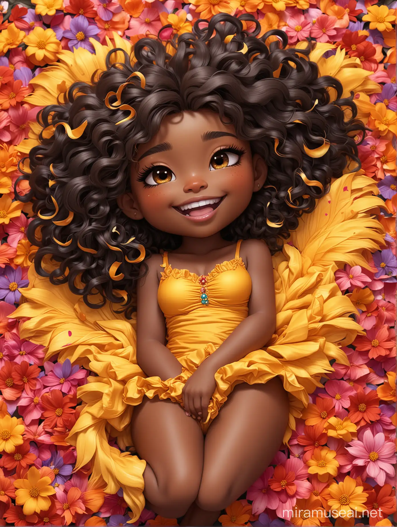 A sassy thick-lined expressionism cartoon black chibi girl lounging lazily on her side, surrounded by colorful flower petals. She has a golden lion tail curling playfully behind her curvy body. Looking up coyly, she grins widely, showing teeth. Her poofy hair forms a mane framing her confident, regal expression.