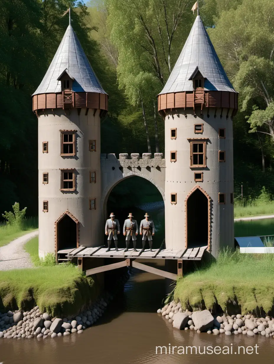 Medieval Castle Model with Guards on Riverbank