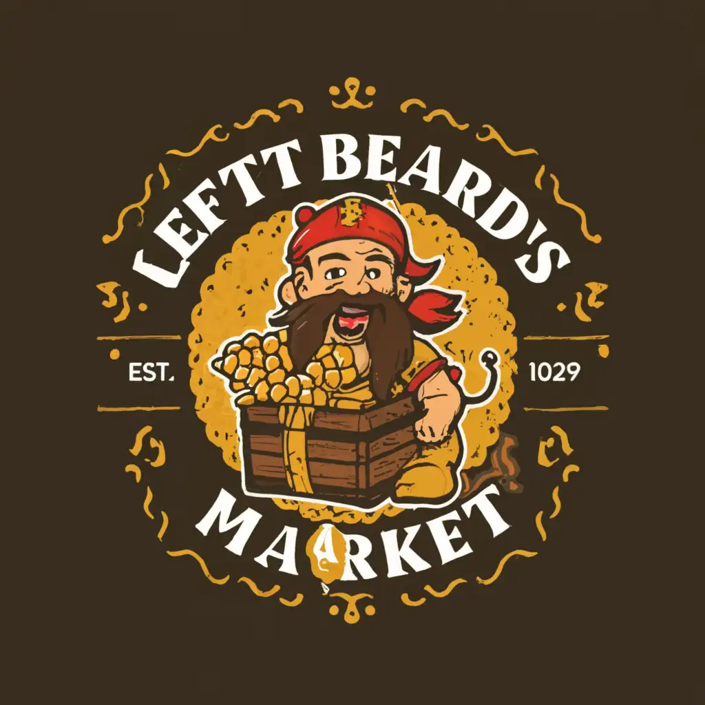 a logo design,with the text "Left Beard's Market", main symbol:A left bearded pirate finding a chest full of golden poop, half a beard,complex,be used in Retail industry,clear background