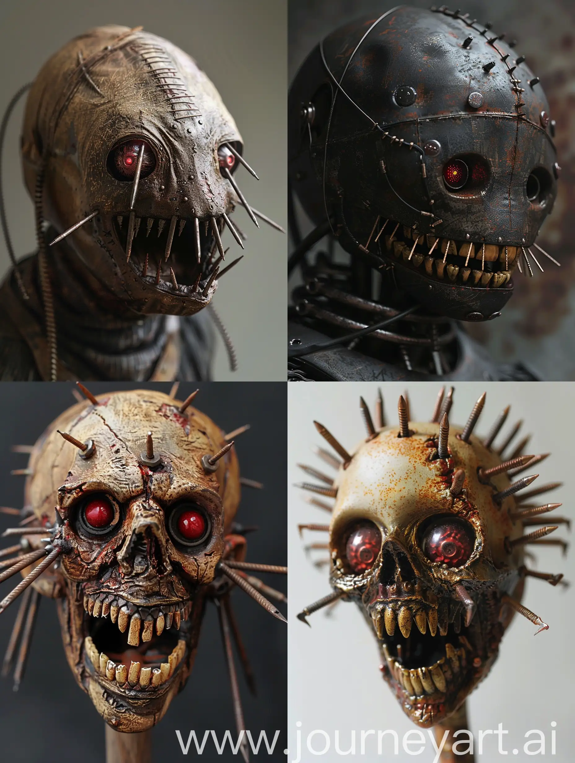 rusty nails instead of teeth, rivets in the head, red eyes, realistic horrorism design Hyakki Yagyo, Hyakki Yakko ,prefer suffix