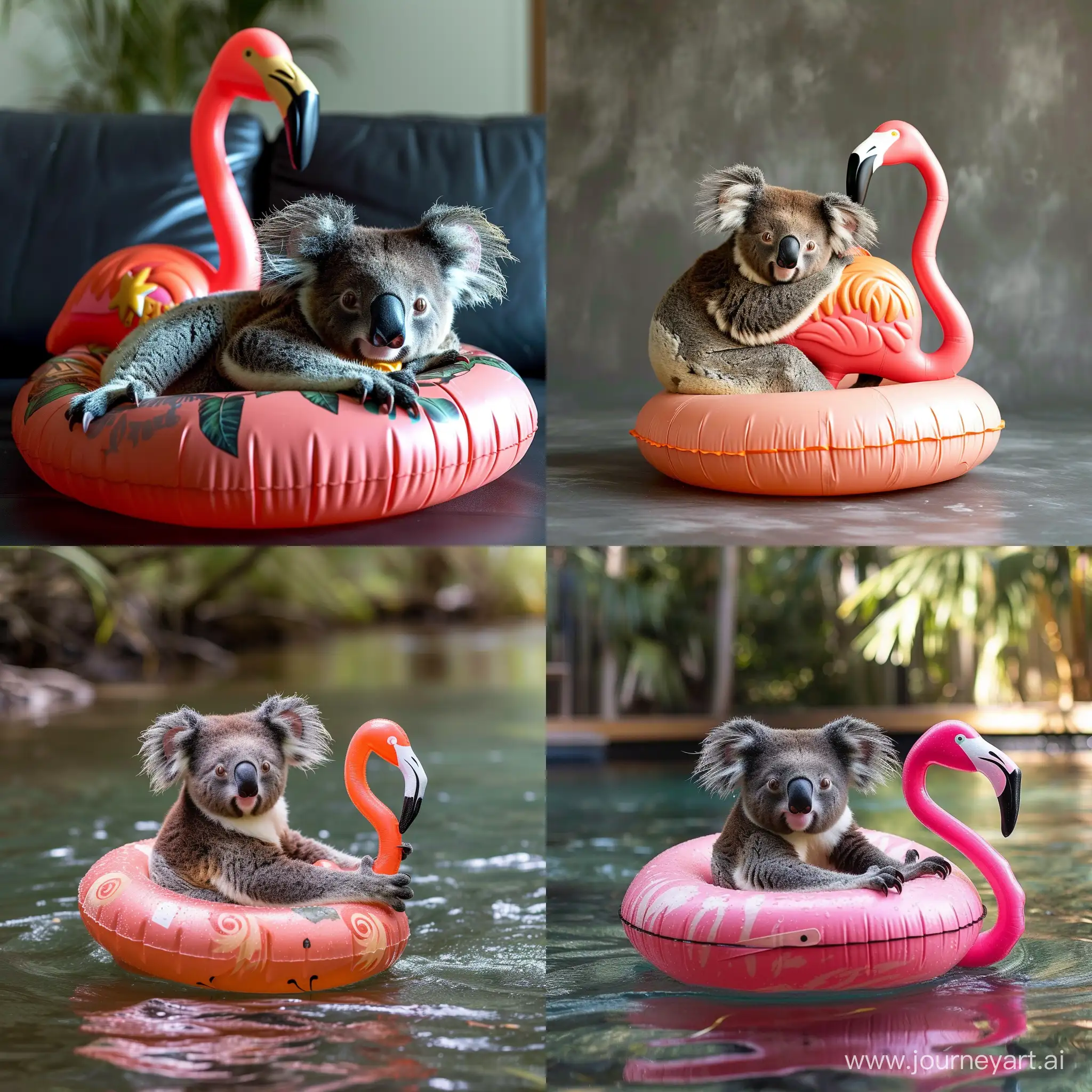 Adorable-Koala-Enjoying-a-Ride-on-a-Flamingo-Floaty