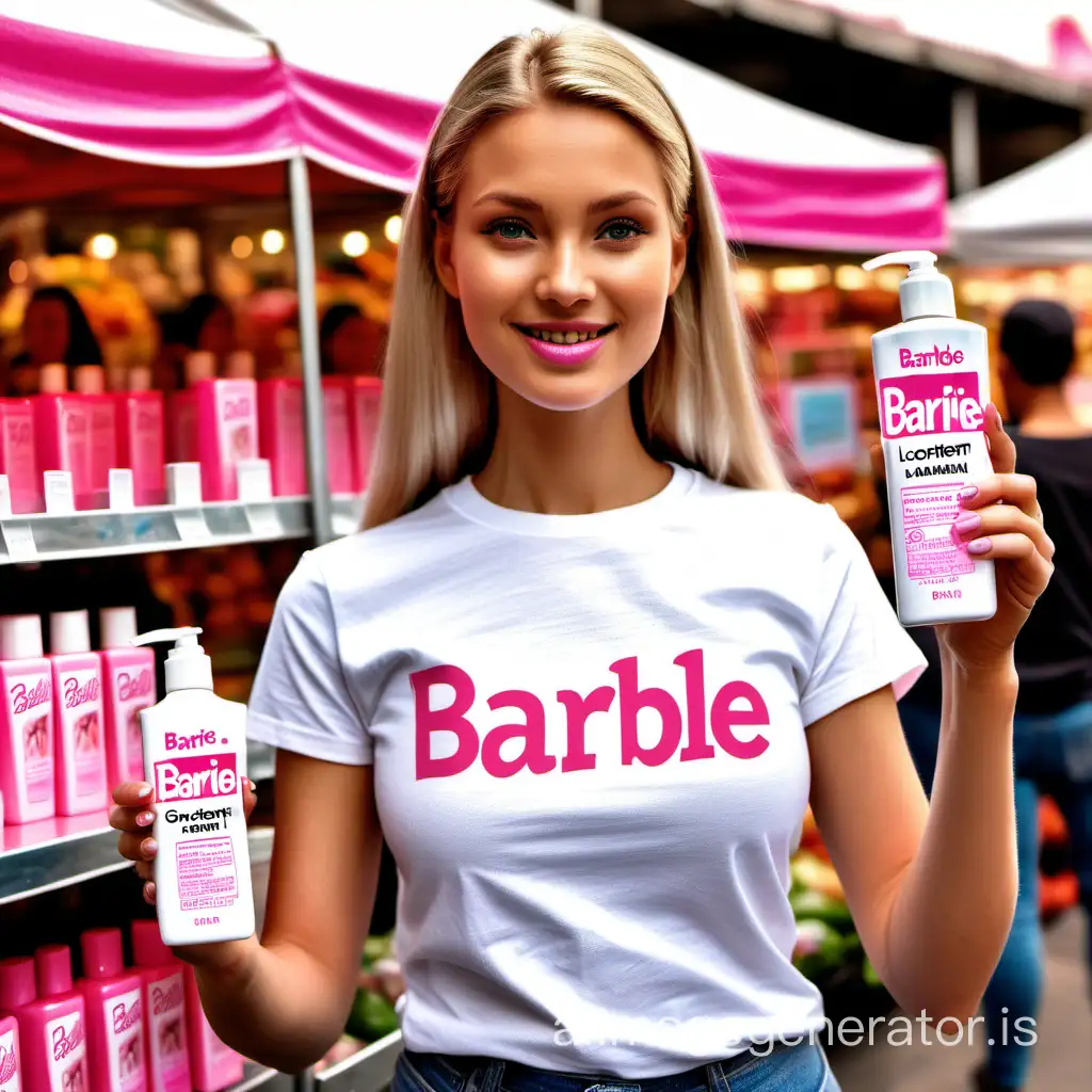 A lady at the market holding a lotion, displayed with the name Barbie Content on the lotion and on her white t-shirt 