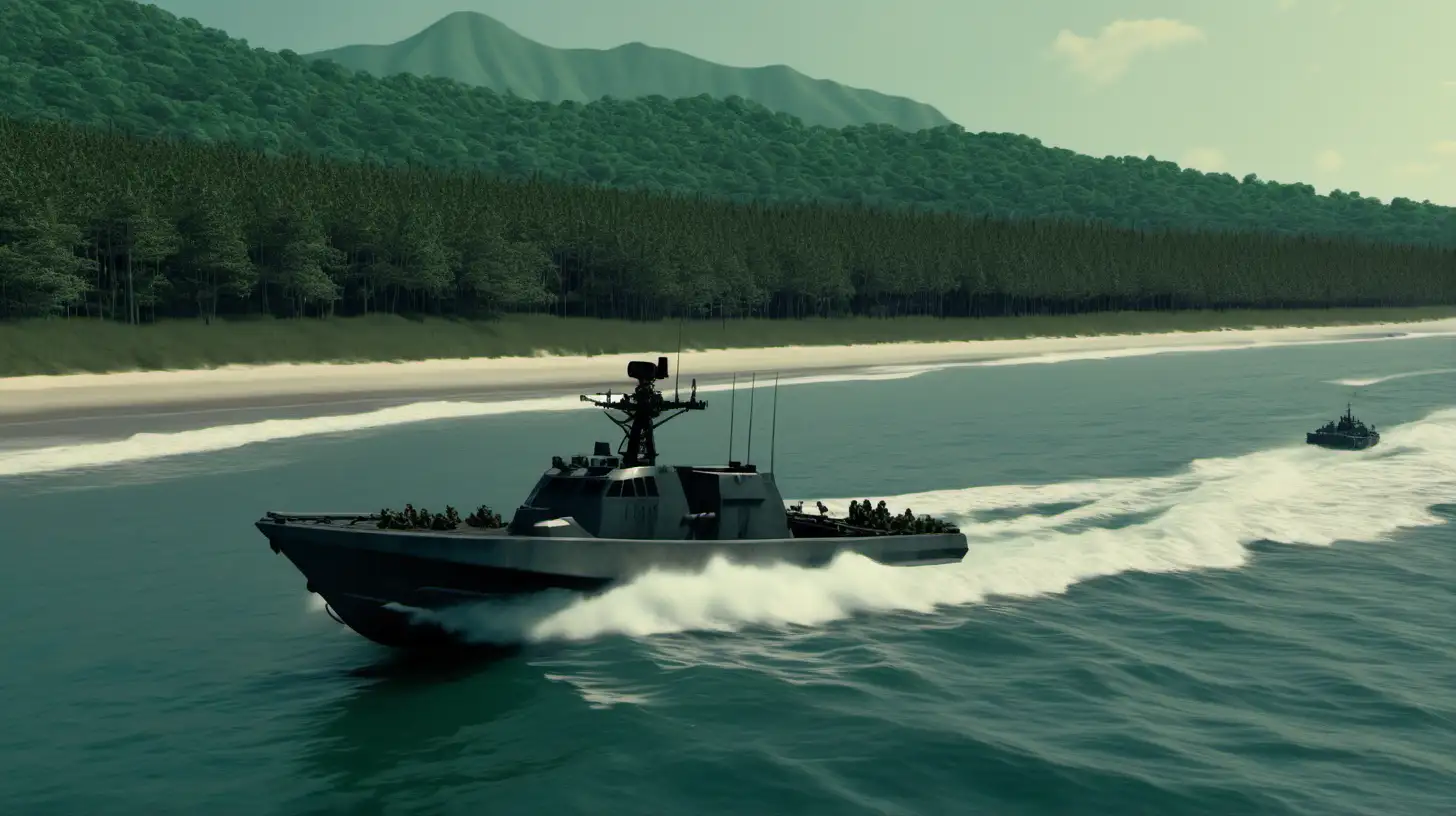 a littoral scene with a combat boat several miles away from the beach.  the boat is approaching the beach.  there should be forest and mountains in the background. 