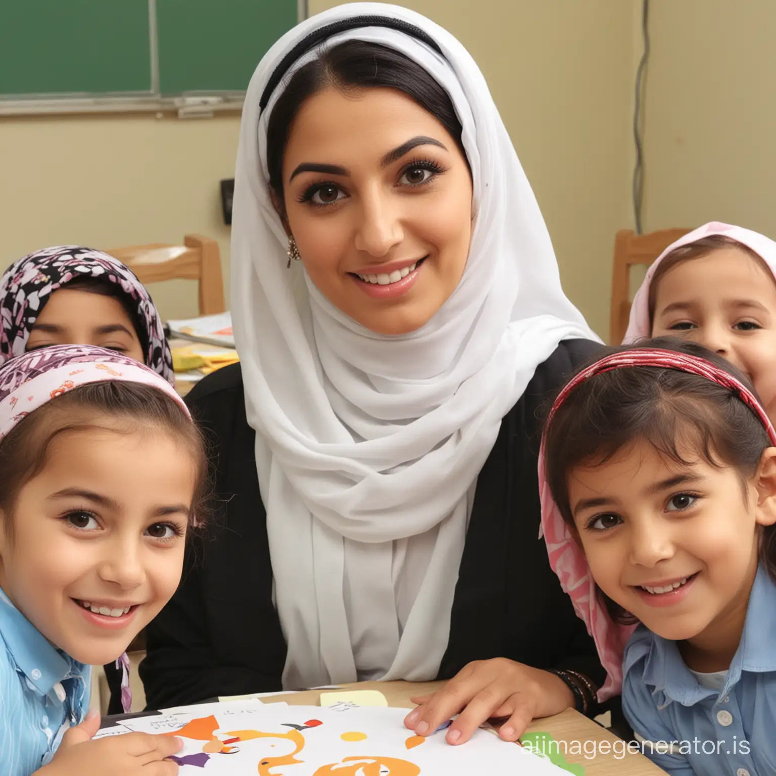 Miss-Arab-Teacher-Demonstrates-Good-Manners-to-Children