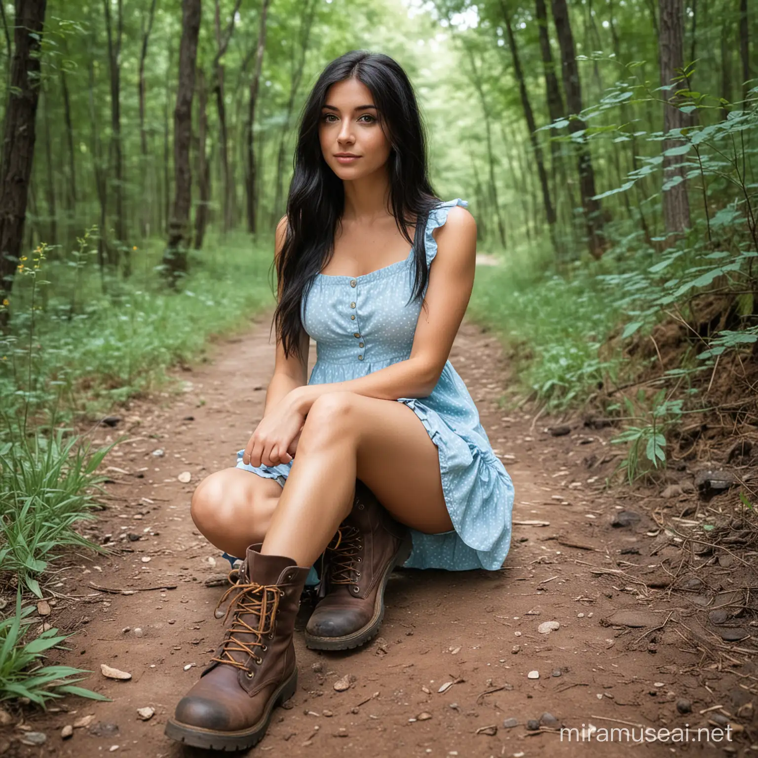 short skinny girl, long black hair, hazel eyes, light blue short sundress, hiking boots, sitting on a forest trail