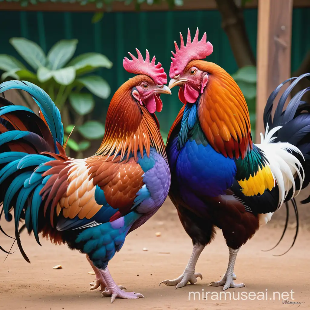 Colorful Fighting Cocks Engaged in Combat