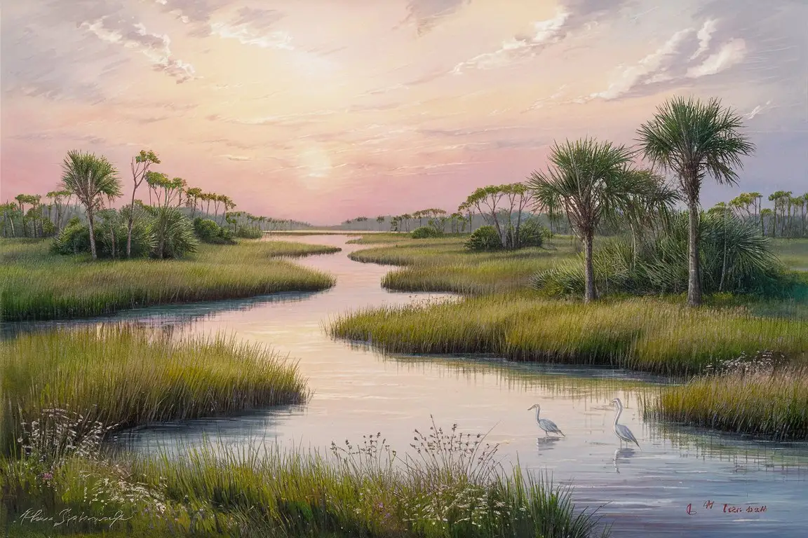 Tranquil-Lowcountry-Sunrise-Marsh-Landscape-with-Egrets-and-Wildflowers