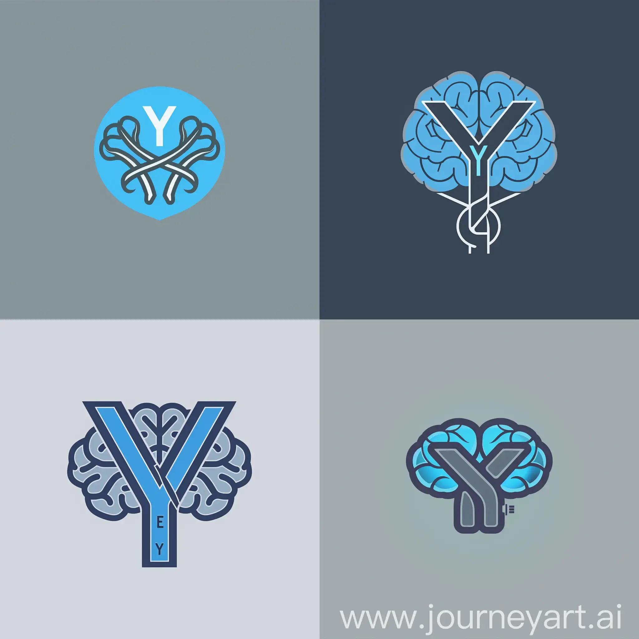 2d flat minimalist design logo featuring a Y sign intertwined with an artificial intelligence brain motif, solid background blending blue and gray colors, sleek and modern for "YEKAL" startup, digital art