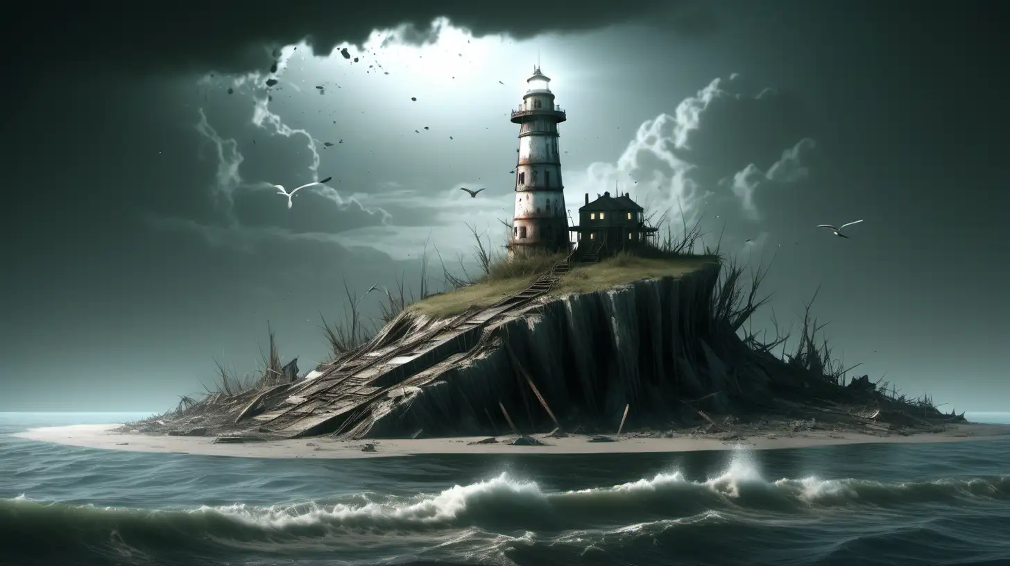 isolated tidal island, lighthouse, post-apocalyptic sci-fi