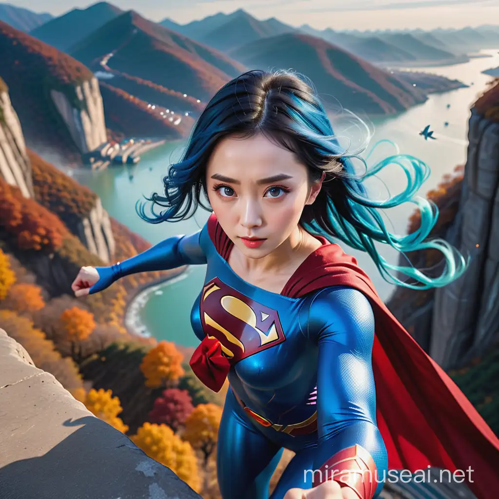 birdview , ultra detail ,SUPER WOMAN real face  28years old  fanbingbing  WITH THE OUTFIT OF SUPERMAN, open blue hair, shining eyelights, flying over  sharp cliff in air flying, real fist and hand properly , real longer legs extend,   autumn, cloudy, misty ,clearsky,  mallard scared by her,  vast moutain around,