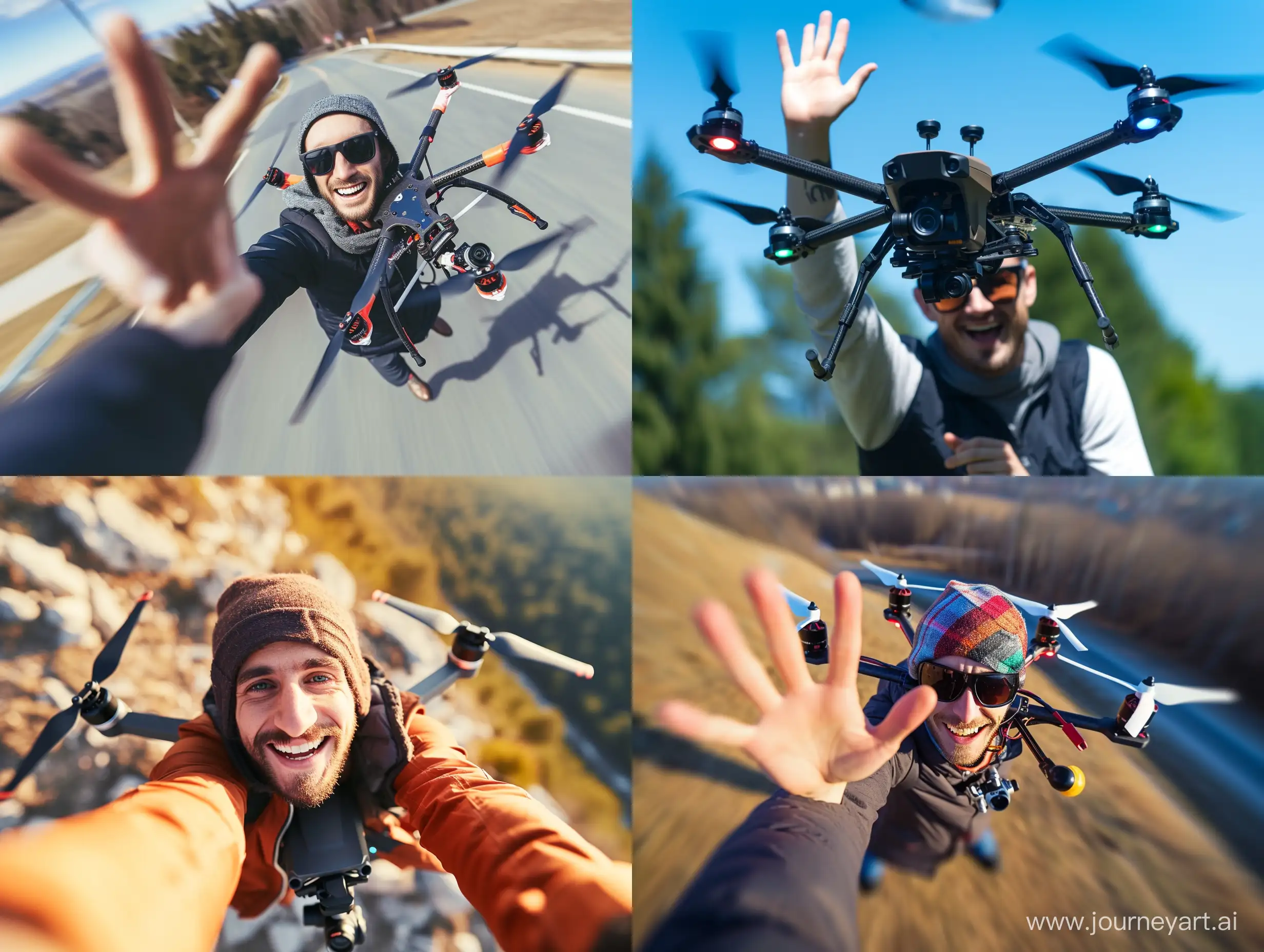 happy man rdidng very fast on a drone with his hand up