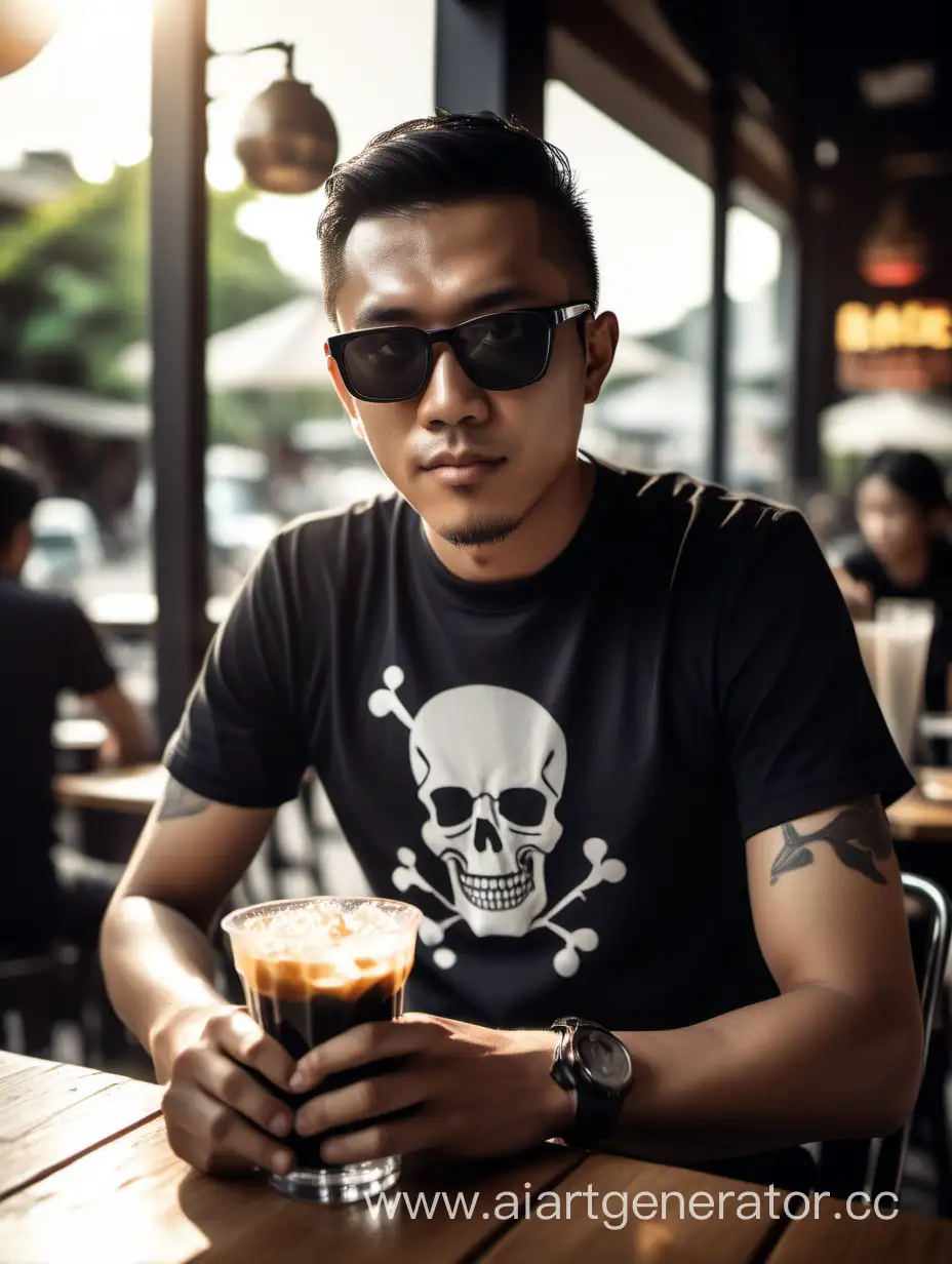 Stylish-Indonesian-Man-Enjoying-Cafe-Moment-in-Balenciaga-Skull-TShirt