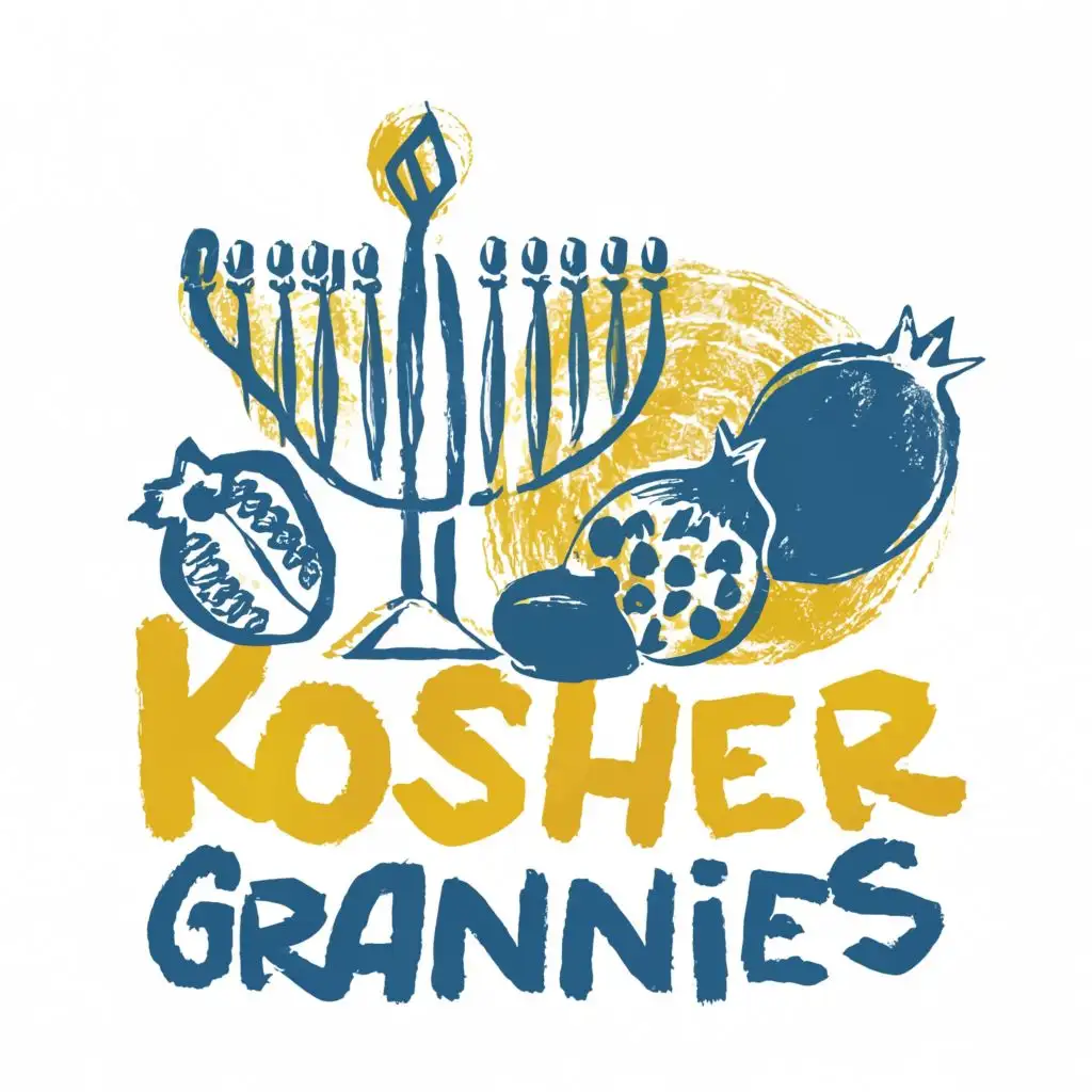 logo, Israel, yellow, blue, white, green, Menorah, Paul Klee, pomegranate, Israel, with the text "Kosher Grannies", typography, be used in the automotive industry