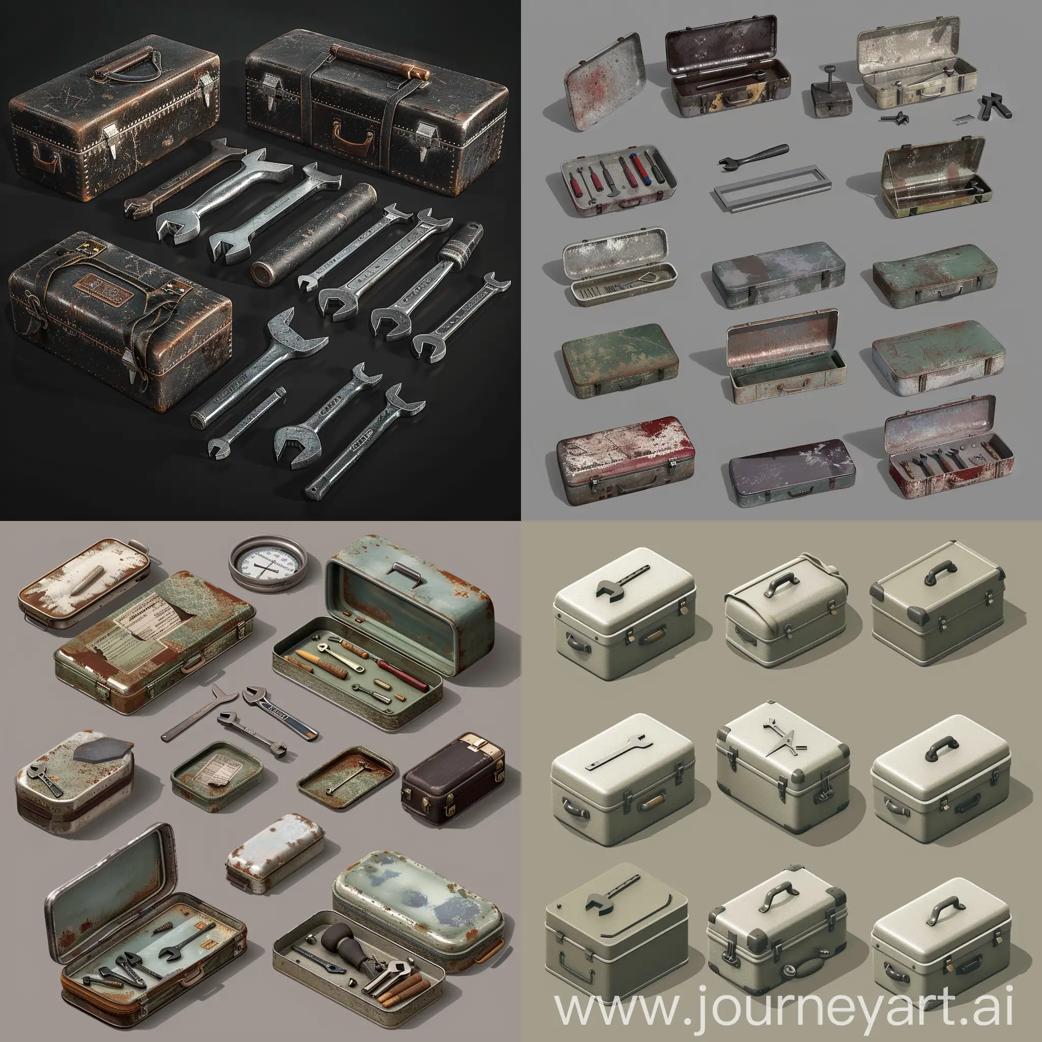 isometric set of realistic old worn repair tool kit instruments simple metal boxes in style of made in blender 3d asset, isometric set, orthographic projection --chaos 20