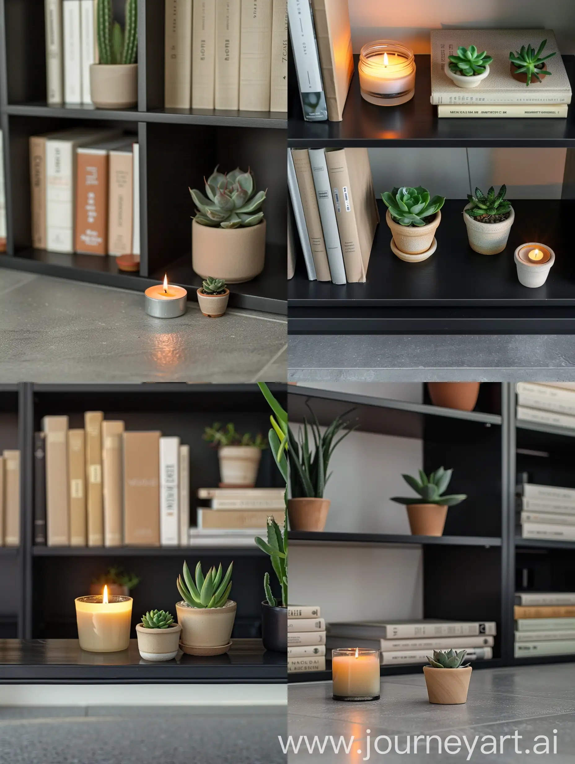 Dettaglio di una libreria bassa  nero stile scandinavo decorazioni beige con dei piccoli vasetti di piante grasse. una candela spenta. dei libri senza nomi sulla copertina. Pavimento gres grigio. Vista frontale