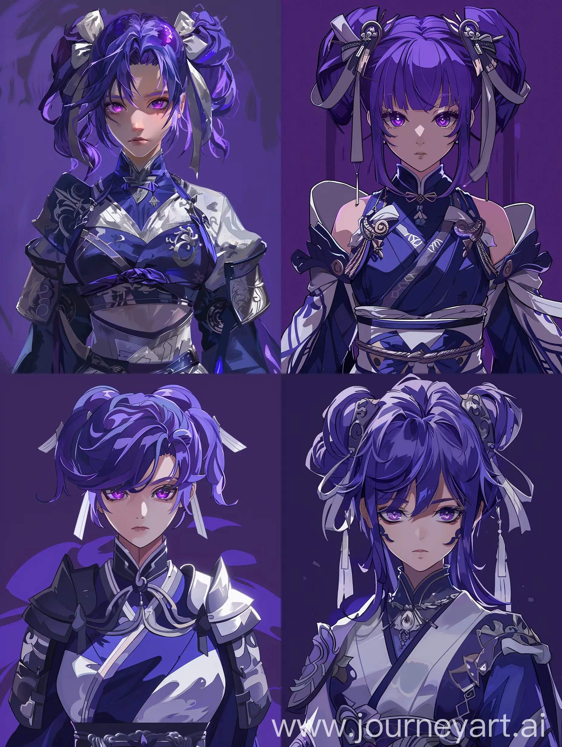 In the style of Shen bou ke anime, a purple-haired female character in dark blue and white armor with silver accents. Her hair is tied back in two ribbons and she has beautiful violet eyes. She wears an elegant kimono dress that covers one shoulder and looks very serious. The background color should be deep purples. --ar 3:4