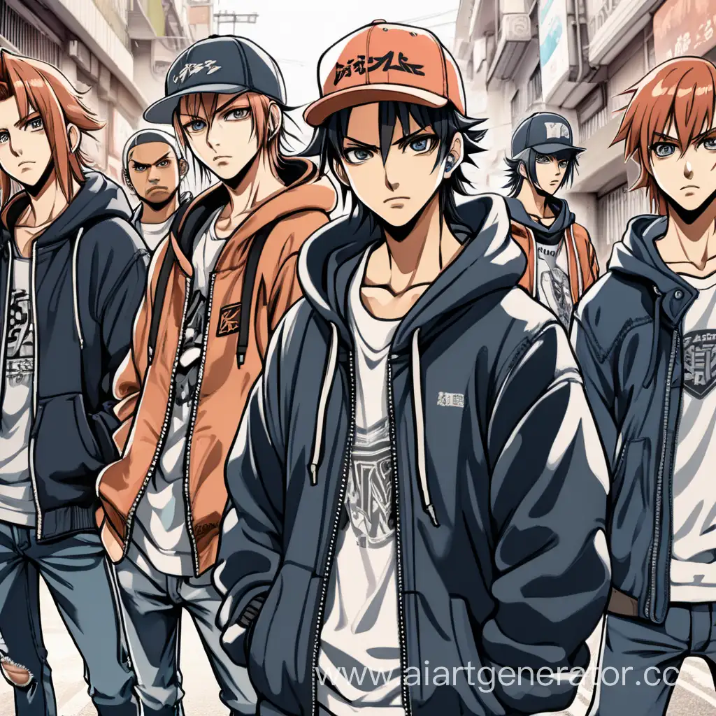 Банда уличных парней  смотрит прямо в камеру в стиле аниме 
