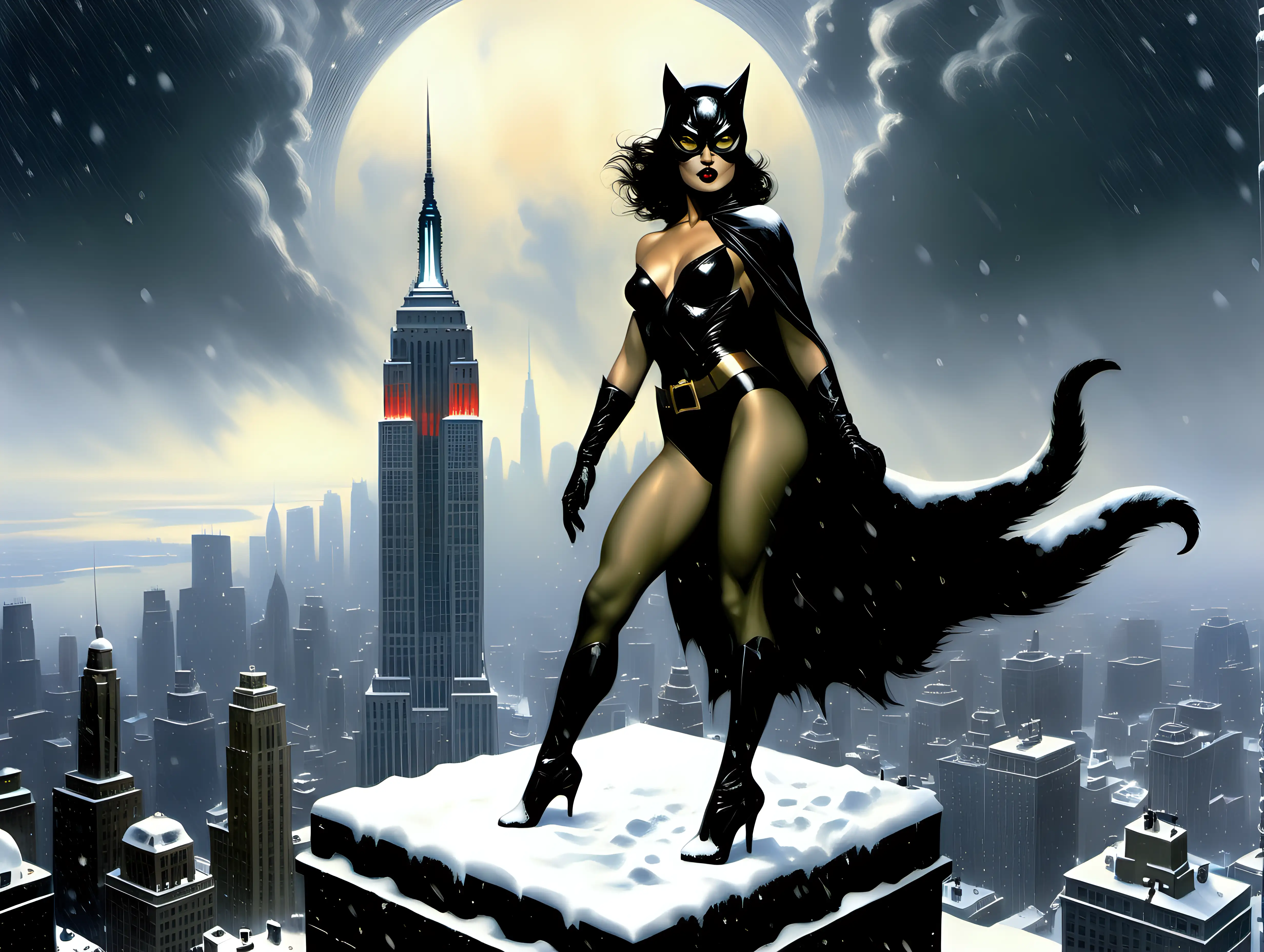 Cat Woman atop Empire State Building in Frank Frazetta Snowstorm