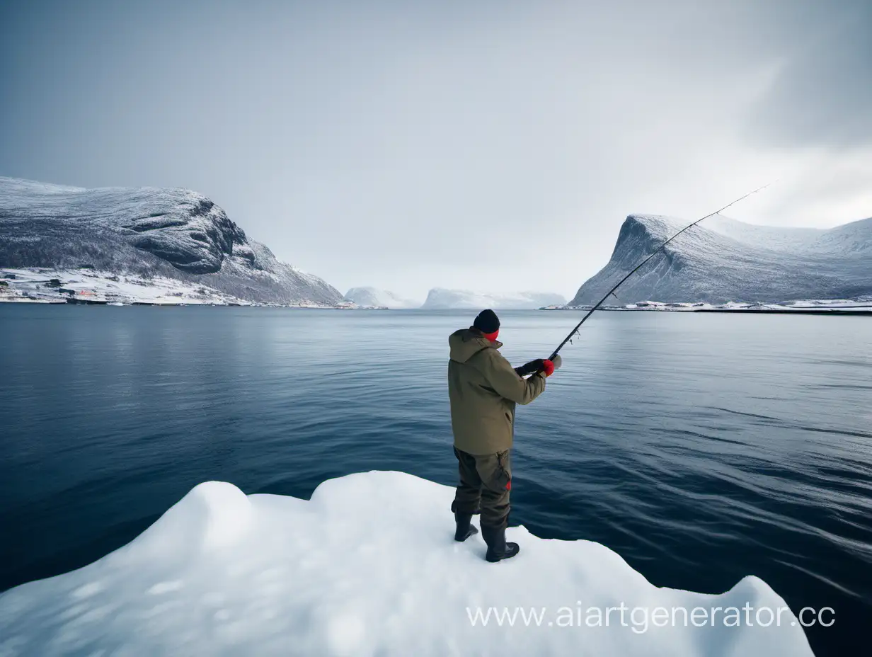 Ловим рыбу в Норвегииудочкой, треска, океан, горы на берегу в снегу